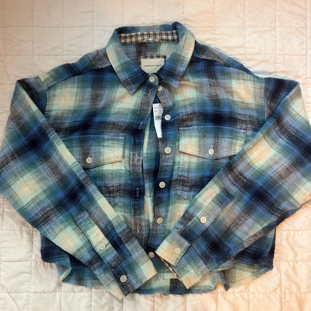 American Eagle Outfitters Kids Blue and White Plaid Shirt